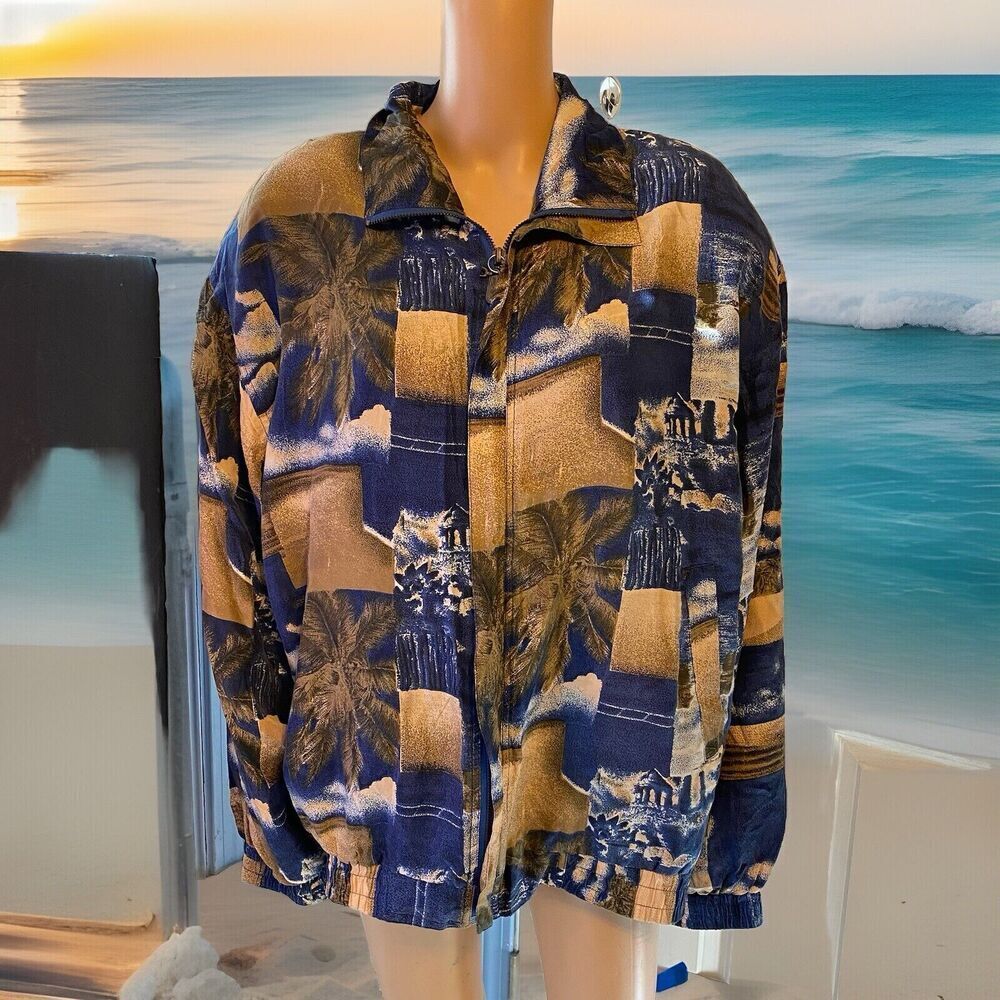 FUDA International Bomber Jacket Women XL 100% Silk Washable Tropical Pocket VTG